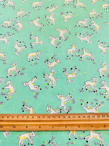 Vintage Fabric 1940s 50s Delightful Frolicking Lambs on Green Crispy Cotton 88cm Wide