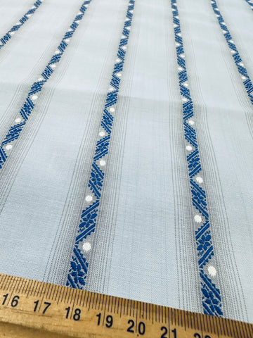 Vintage Fabric 1960s 70s Light Weight Pale Blue Cotton w/ Embroidered Stripe Spot 88cm Wide