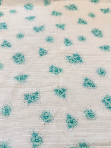 Vintage Fabric 70s Cotton Fancy Window Pane Weave Aqua Flowers 108cm Wide