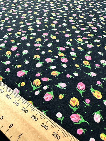 Vintage Fabric 1980s? Black Base w/ Small Bright Flowers Cotton 88cm Wide