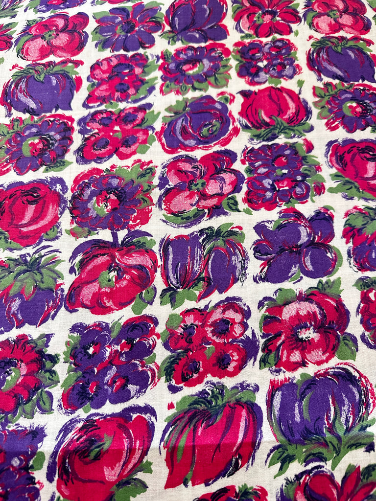 Vintage Fabric Spectacular 1950s Crispy Cotton w/ Bright Flowers 88cm
