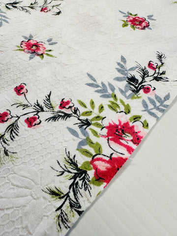 Vintage Fabric Embossed Cotton White Base w/ Pink Flowers 88cm Wide