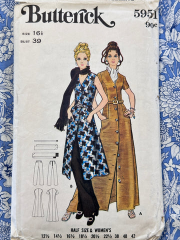 EVENING DRESS: Butterick Sewing Pattern 1970s Half Size 16 1/2 Complete Cut *5951