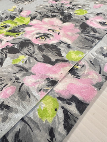 Vintage Fabric 1950s Rare Chintz Dress Cotton Lime Green & Pink Roses on Grey Cotton Evening Wear 88cm Wide