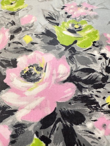 Vintage Fabric 1950s Rare Chintz Dress Cotton Lime Green & Pink Roses on Grey Cotton Evening Wear 88cm Wide