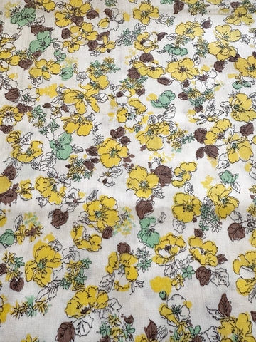 Vintage Fabric 1960s White Cotton Poplin w/ Green & Yellow Flowers 88cm Wide