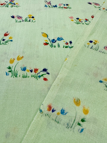 Vintage Fabric 1960s Boho Meadow Retro Tulips on Mint Green Cotton 88cm Wide