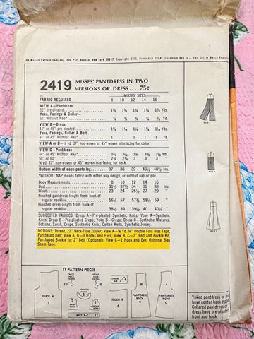 TO-DIE-FOR PANTDRESS or DRESS: McCall’s Sewing Pattern 1970 Size 14 Bust 36 Unused FF *2419
