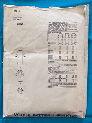 DRESS OR TOP WITH TRANSFER FOR EMBROIDERY: Vogue 3-Piece Sewing Pattern 1976 Size Medium Missing 1 x Instruction *1383