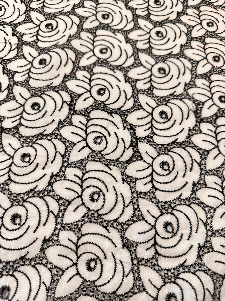 Modern Fabric Amazing Black Thread Anglaise Roses? Cotton Voile 108cm Wide
