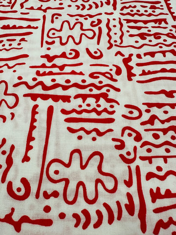 Vintage Fabric 1980s Red Squiggle on White Cotton Blend 112cm Wide