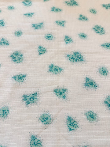 Vintage Fabric 70s Cotton Fancy Window Pane Weave Aqua Flowers 108cm Wide