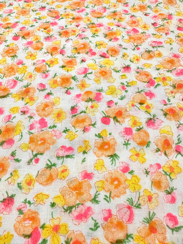 Vintage Fabric 70s Bright Flowers on White Cotton 88cm Wide