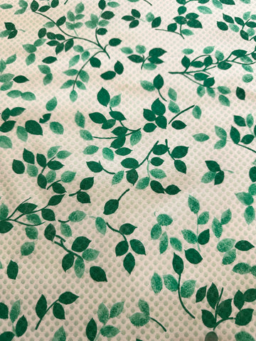 Vintage Fabric 1960s Emerald Green Leaves on Pink White Cotton w/ Embroidered Spot 88cm Wide