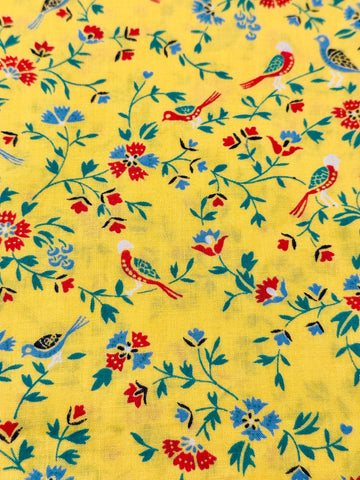 Vintage Fabric 1980s Sun Yellow Cotton w/ Small Birds Botanical 88cm Wide