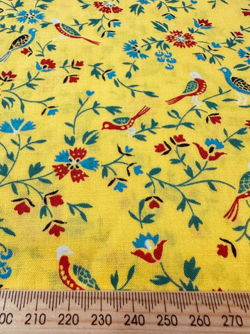 Vintage Fabric 1980s Sun Yellow Cotton w/ Small Birds Botanical 88cm Wide