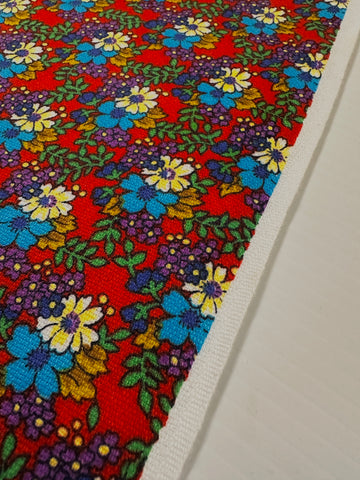 Vintage Fabric 1970s Bright Flowers on Dark Red Cotton 88cm Wide