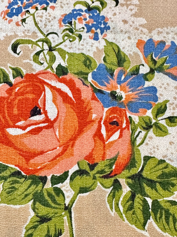 FAT QUARTER Vintage Fabric 1950s Flowers on Tan Cotton Cretonne 43cm x 50cm
