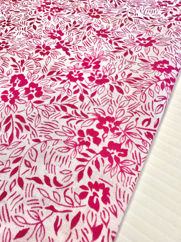 Vintage Fabric 1960s Bright Raspberry Pink Floral on White Cotton 86cm Wide