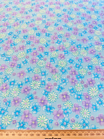 Vintage Fabric 1960s Bright Lavender & Blue Floral on Sky Blue Cotton 86cm Wide