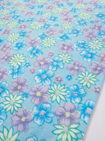 Vintage Fabric 1960s Bright Lavender & Blue Floral on Sky Blue Cotton 86cm Wide