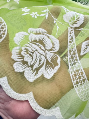 Vintage Fabric 1960s Rare Border Print Flocked Flowers Scalloped Edge Green Nylon 106cm Wide
