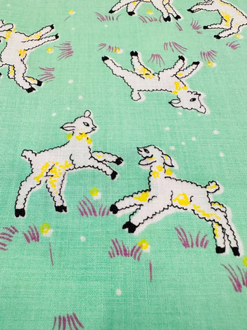 Vintage Fabric 1940s 50s Delightful Frolicking Lambs on Green Crispy Cotton 88cm Wide
