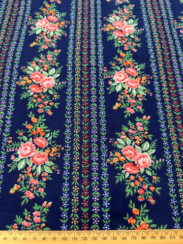 Vintage Fabric 1970s Navy Blue Cotton w/ Repeating Pink Flowers 88cm Wide