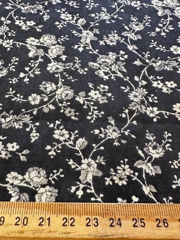 LAST PIECE Vintage Fabric 1950s? Small White Flowers on Black 87cm x 50cm