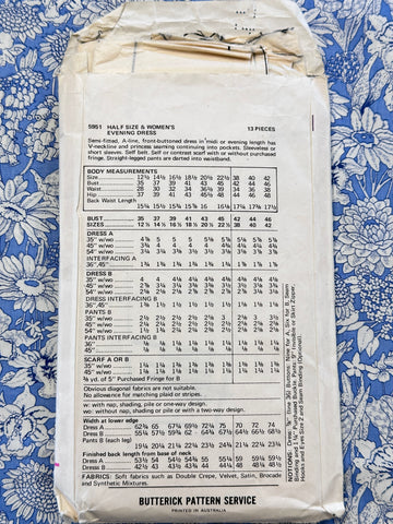 EVENING DRESS: Butterick Sewing Pattern 1970s Half Size 16 1/2 Complete Cut *5951