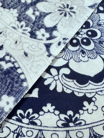 Vintage Fabric 1960s? Fabulous Stylised Peacocks Navy on White Cotton 88cm Wide