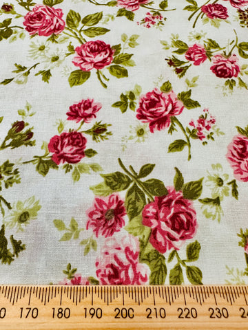 LAST PIECE Modern Fabric Quilt Cotton Pink Flowers on Pale Blue 108cm x 50cm