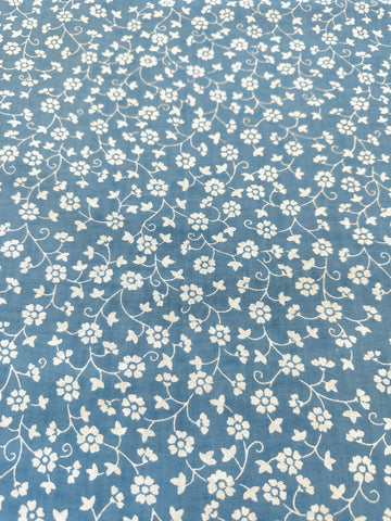 Vintage Fabric 1980s Laura Ashley Style Dusky Blue Base w/ White Floral 118cm Wide