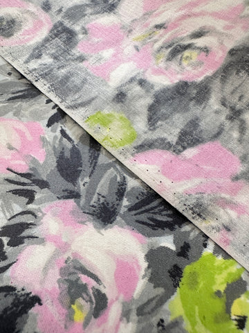 Vintage Fabric 1950s Rare Chintz Dress Cotton Lime Green & Pink Roses on Grey Cotton Evening Wear 88cm Wide