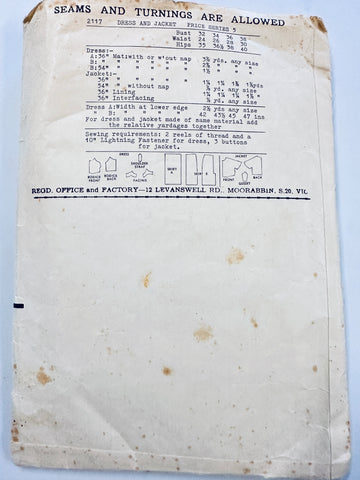 DRESS & JACKET: Weigel’s Sewing Pattern 1950s Bust 36 Incomplete *2117