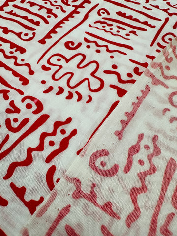 Vintage Fabric 1980s Red Squiggle on White Cotton Blend 112cm Wide