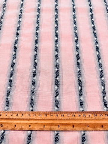 Vintage Fabric 1960s 70s Light Weight Pale Pink Cotton w/ Embroidered Stripe Spot 88cm Wide