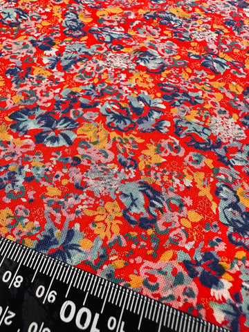 Vintage Fabric 1970s 80s Boho Blue Orange Flowers on Red Cotton 88cm Wide