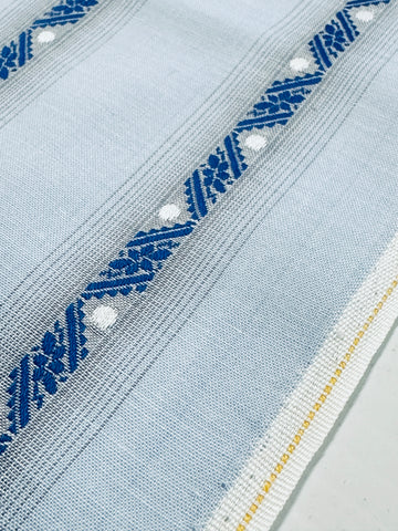Vintage Fabric 1960s 70s Light Weight Pale Blue Cotton w/ Embroidered Stripe Spot 88cm Wide
