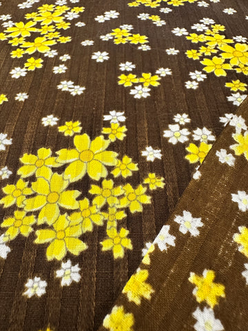 Vintage Fabric 1960s Yellow Daisies on Chocolate Brown Textured Cotton 88cm Wide