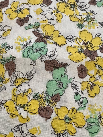 Vintage Fabric 1960s White Cotton Poplin w/ Green & Yellow Flowers 88cm Wide