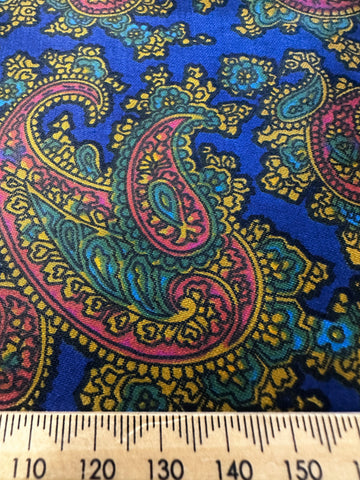 Vintage Fabric 60s 70s High End Polished Cotton Cobalt Blue Base w/ Paisley 88cm Wide