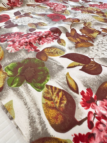 Vintage Fabric 1960s Wow! Rich Red Pink Flowers & Brown Leaves Polished Cotton 88cm Wide