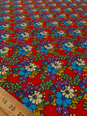 Vintage Fabric 1970s Bright Flowers on Dark Red Cotton 88cm Wide