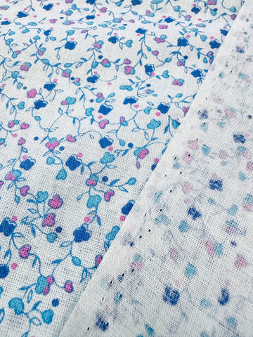 Vintage Fabric 60s 70s Tiny Blue Pink Minimalist Flowers on Pale Blue Cotton 88cm Wide