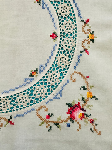Vintage Hand Worked Centrepiece Embroidered Cross Stitch w/ Crochet Circle White Base 41cm x 41cm