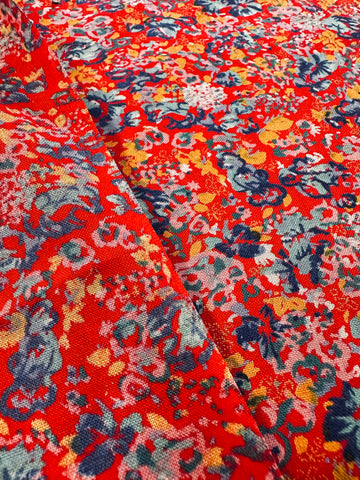 Vintage Fabric 1970s 80s Boho Blue Orange Flowers on Red Cotton 88cm Wide