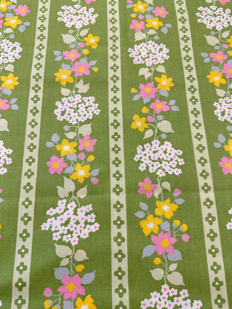 Vintage Fabric 1960s Hippie Meadow Retro Flowers on Green Cotton 88cm Wide