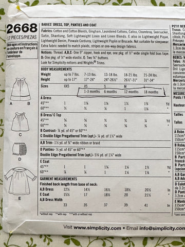 BABIES’ DRESS, TOP, PANTIES & COAT: Simplicity Sewing Pattern Sizes XXS- XS- S-M-L 1m-18m Unused FF *2668