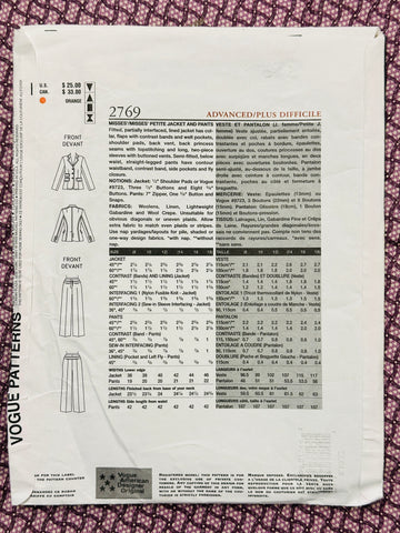 JACKET & PANTS: Vogue American Designer Sewing Pattern DKNY Donna Karan 2002 Size 8-10-12 Complete Uncut *2769